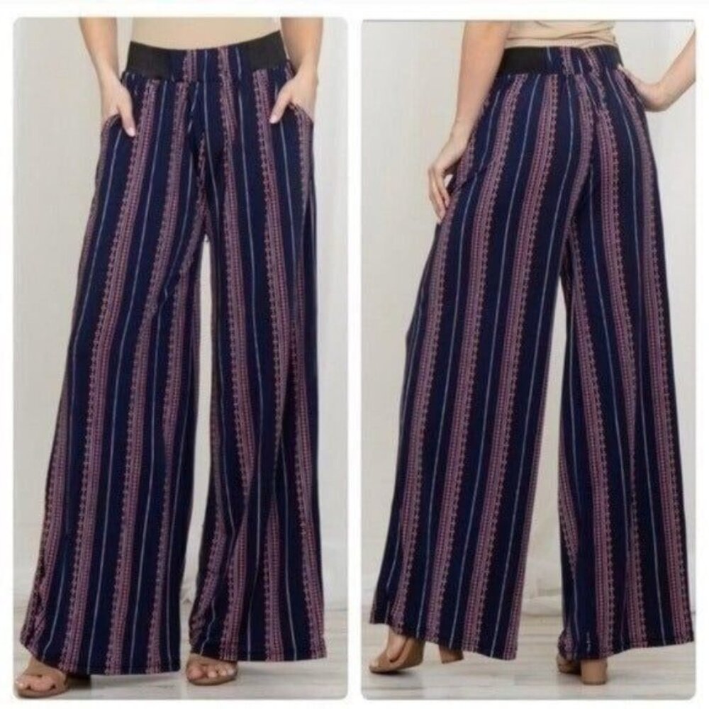 Boho Wide Leg Striped Palazzo Pants W/Pockets Navy & Pink-NEW-ONE SIZE